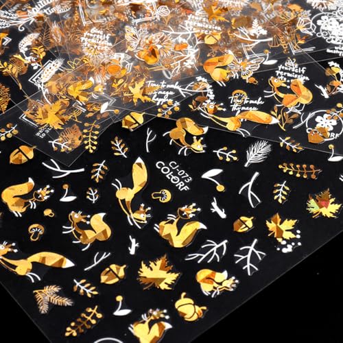 KRTBKR 9 Sheets Fall Metallic Nail Art Stickers 3D Self-Adhesive Maple Leaf