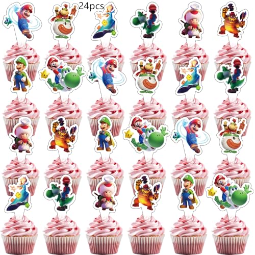 25Pcs Mario Themed Birthday Cake Decoration Set with Cupcake Toppers