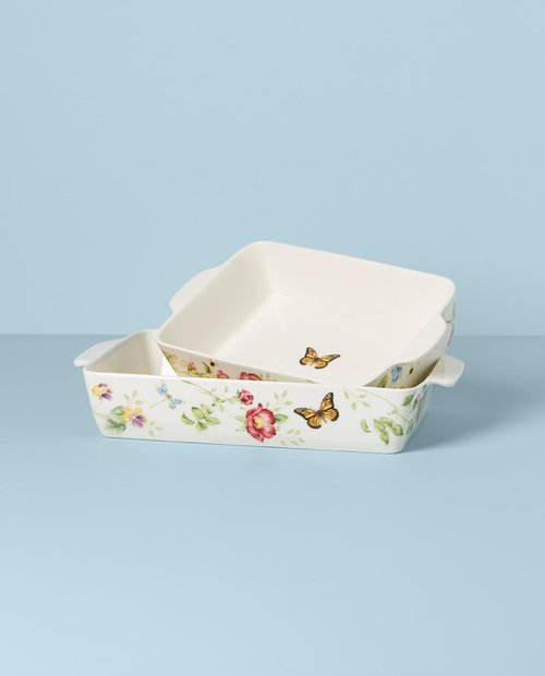 Lenox Butterfly Meadow Rectangular Baker Set - 2-Piece, 9.7-Inch, Colorful Floral Design