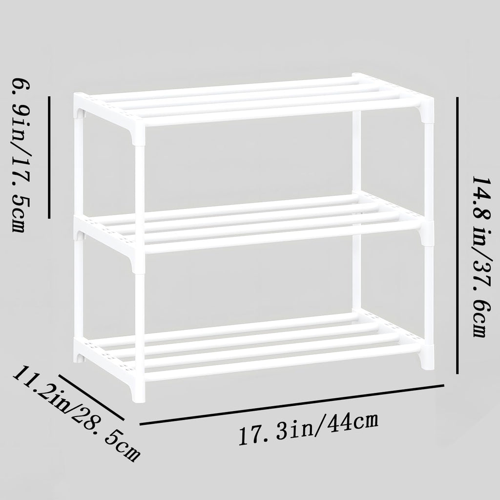 SOKOSEN 3-Tier Small Shoe Rack, Metal Stackable Kids Shoe Shelf Storage Zapateras Organizer,Narrow Shoe Rack Sturdy for Closet Hallway Entryway Living Room Bedroom (White)