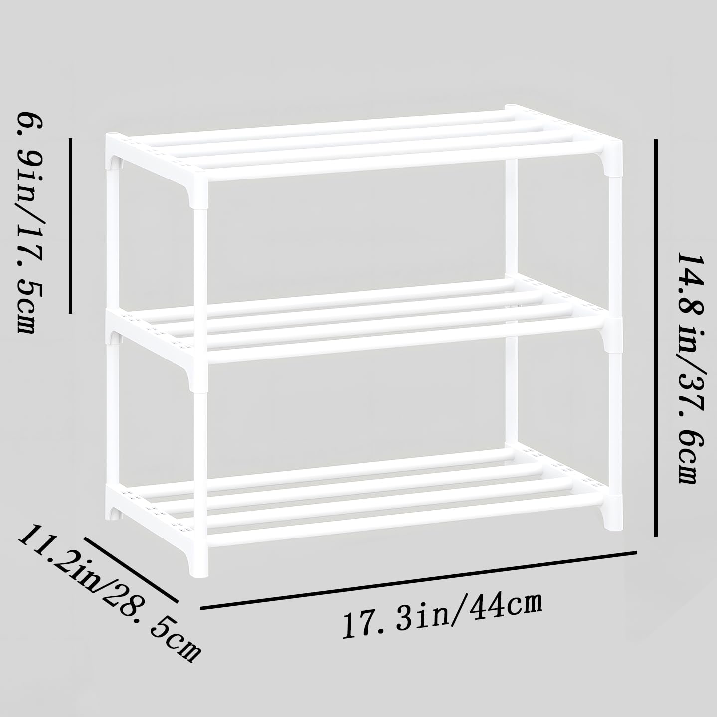 SOKOSEN 3-Tier Small Shoe Rack, Metal Stackable Kids Shoe Shelf Storage Zapateras Organizer,Narrow Shoe Rack Sturdy for Closet Hallway Entryway Living Room Bedroom (White)