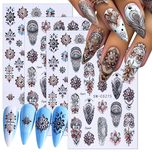 Bohemian Nail Stickers 3D Retro Lace Petals Self-Adhesive Decals 4 Sheets