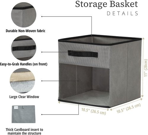 DECOMOMO Storage Bins - Cube Storage Bins with Window for Shelves | 11" Fabric Cubes, Grey (6pcs)