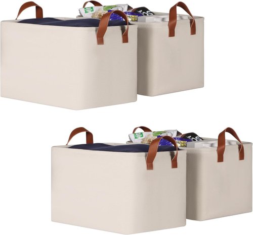 KEEGH Storage Baskets - Fabric Organizing Bins with Leather Handles | 15" L x 11" W x 10" H, Beige, 4 Pack