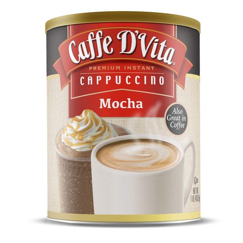 Caffe D'Vita Mocha Cappuccino - Instant Powder Coffee Mix, Gluten Free, No Cholesterol, No Hydrogenated Oils, No Trans Fat, 99% Caffeine Free - 16 Oz Can, 6-Pack