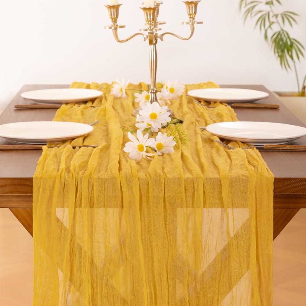 Socomi Gold Yellow Cheesecloth Table Runner - 120 Inch Rustic Boho Decor for Weddings & Events