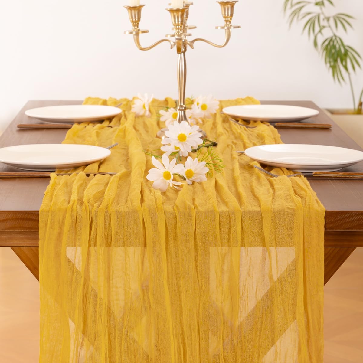 Socomi Gold Yellow Cheesecloth Table Runner - 120 Inch Boho Rustic Decor for Weddings & Events
