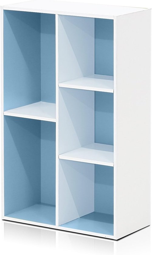 Furinno LUDER Bookshelf - 5-Cube Reversible Bookcase for Easy Assembly | White/Light Blue, 9.4 x 19.5 x 31.5