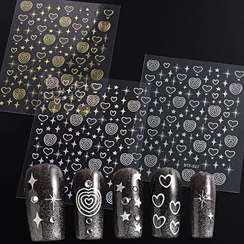 YKZFUI 6 Sheets Gold Nail Art Stickers 3D Self-Adhesive Metallic Rose Flower Star Heart Decals for Manicure
