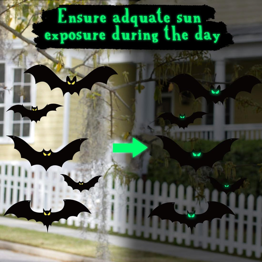 16Pcs Halloween Hanging Bats Decorations Outdoor, Large Flying Bats with Glowing Eyes for Halloween Tree Hanging Decorations Outside…