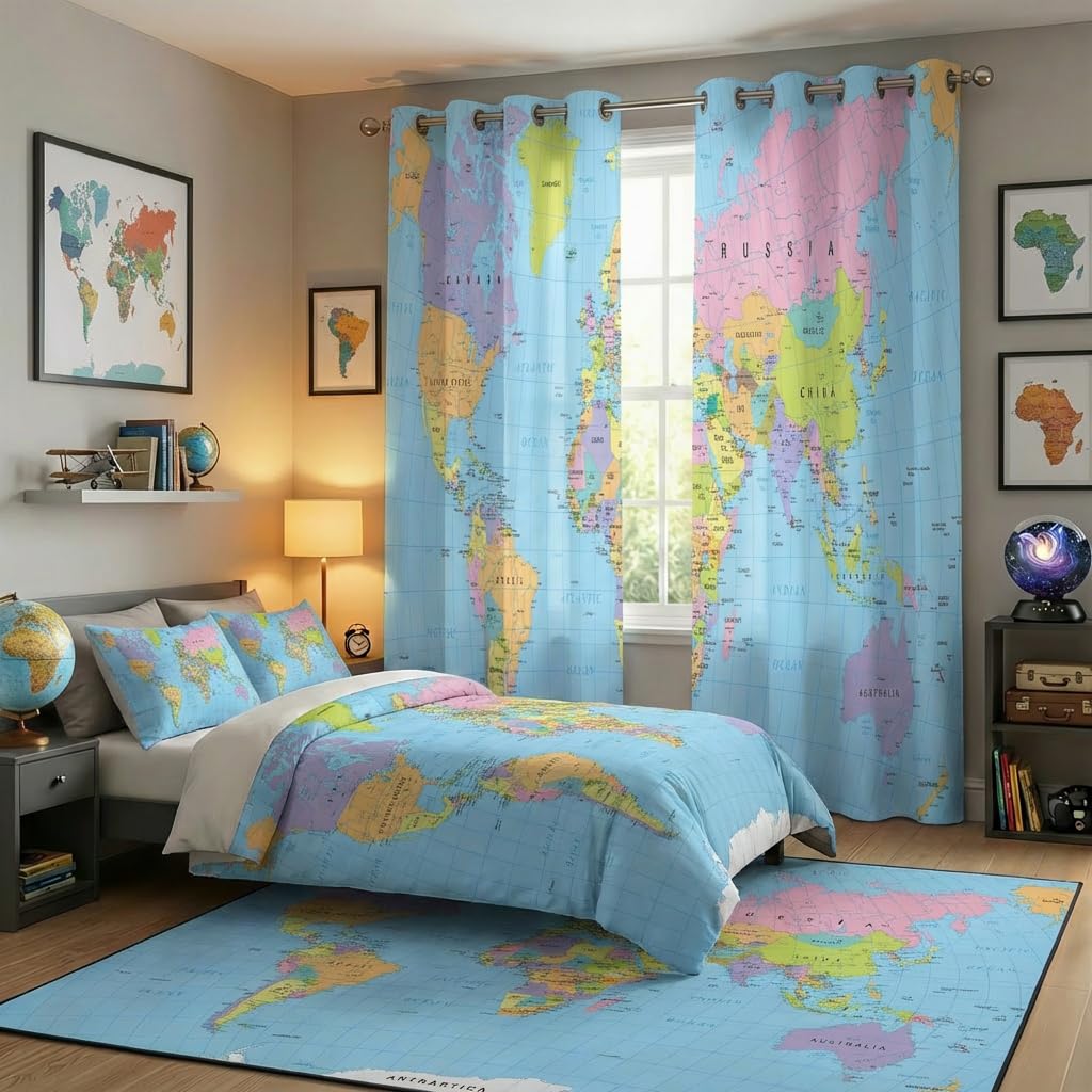 terxgrl World Map Blackout Curtains for Girls Boy Home Decor, Geography Educational Tourist Map Grommet Thermal Insulated Drapes Darkening Window Curtain for Bedroom Living Room, 42 x 45 Inch
