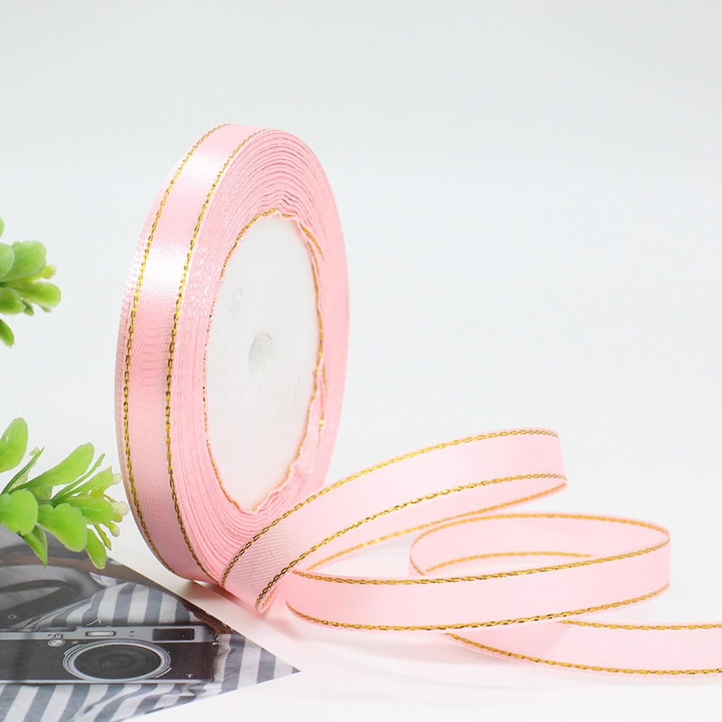Skiennix Light Pink Satin Ribbon - Gold Edges for Spring Gift Wrapping & DIY Crafts | 25 Yds x 3/8 in