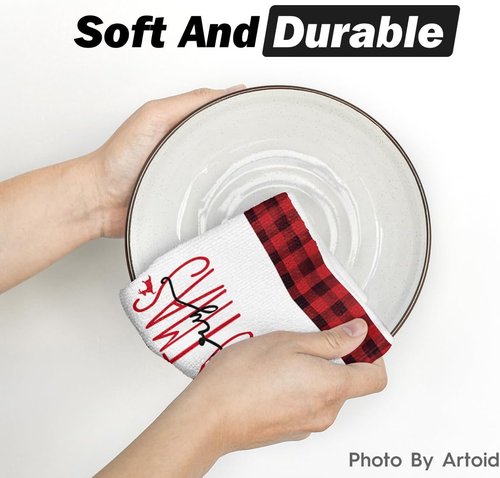Artoid Mode Christmas Kitchen Towels - Red Black Buffalo Plaid Snowman Design | Set of 4, 18x26 Inch