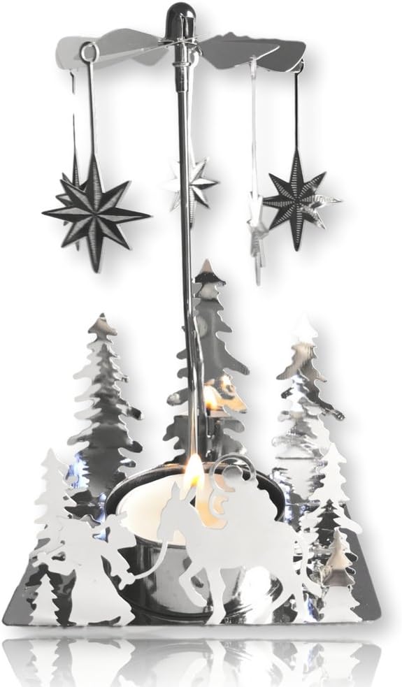 Nativity Candle Spinner - Laser-Cut Silver Tea Light Holder with Nativity Scene & Moravian Stars - 5" H x 3.5" L