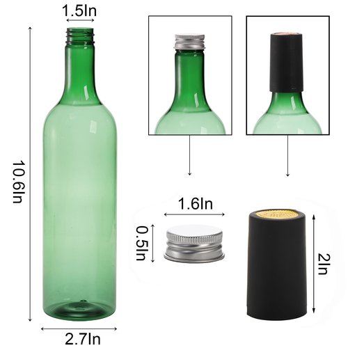 WUWEOT 12 Pack Plastic Wine Bottles, 750ml Empty Bordeaux-Style Liquor Bottle, Reusable Green Long Neck WIne Bottles with Screw Lid and Shrink Capsules Caps
