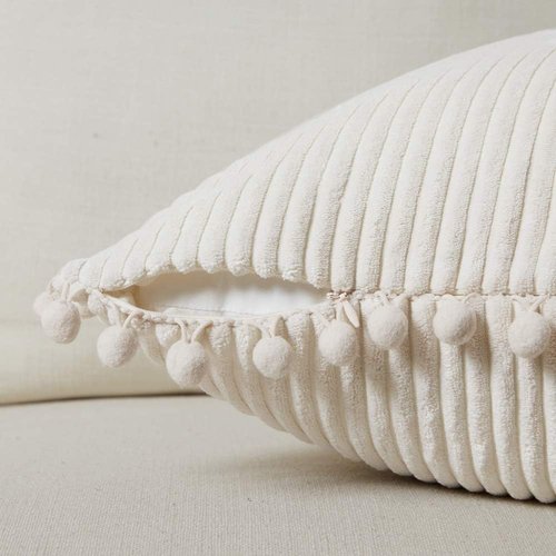 Fancy Homi Boho Decorative Throw Pillow Covers - Soft Corduroy Cushion Case Set (Pack of 2, 18x18 Inch, Cream)