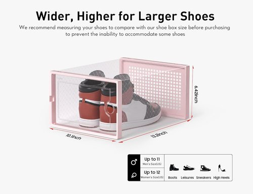 Kuject X-Large Shoe Storage Boxes - Clear Plastic Stackable 12 Pack for Sneakers & Toys | Pink