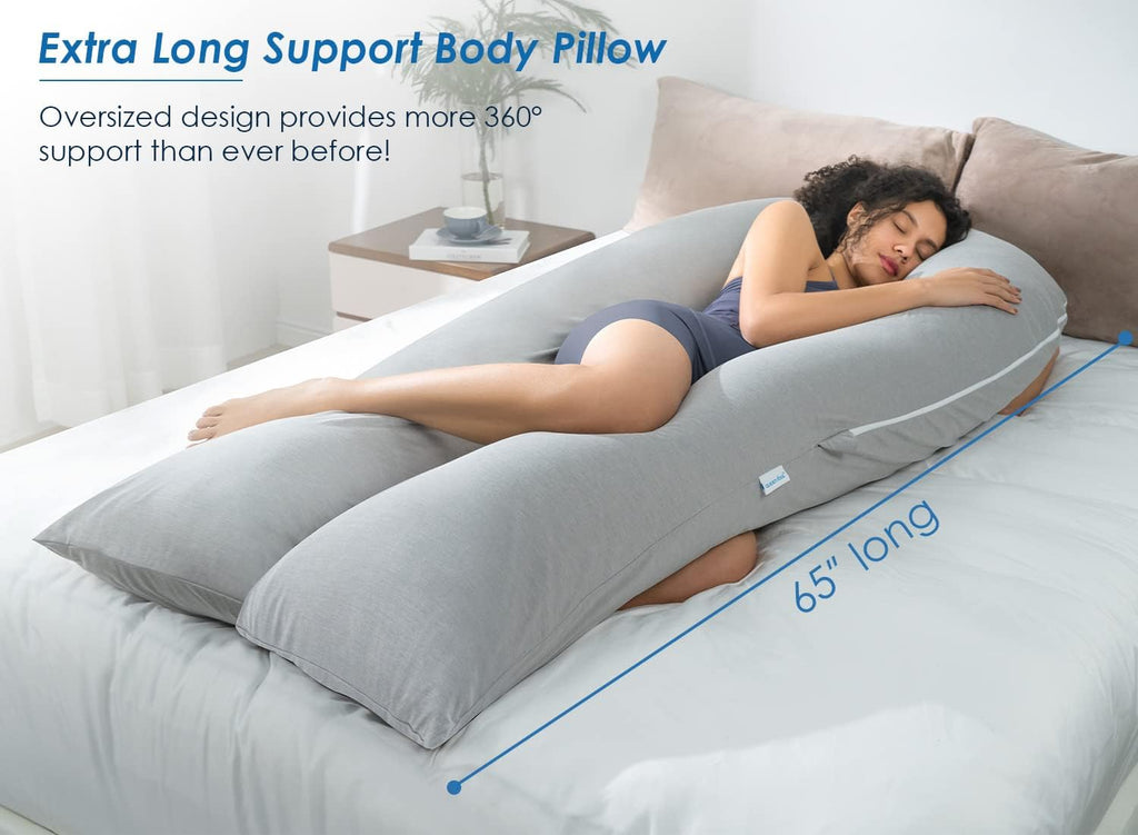 Queen Rose Extra Long U Shaped Body Pillow - Cooling Pregnancy Pillow for Full Body Support | 65 Inch Grey