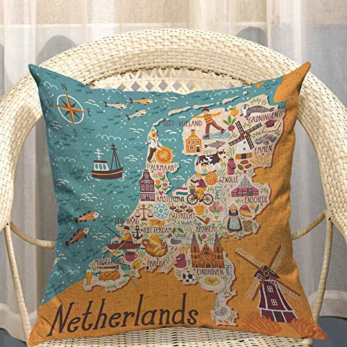 Mugod 18x18 Inch Map of Netherlands Decorative Pillow Cover - Dutch Landmarks & Windmill Design