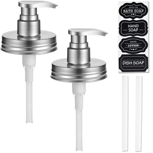 Amolliar Plastic Mason Jar Soap Dispenser Lids - Universal Pump Replacement for Regular Mouth Jar Farmhouse Decor for Kitchen, Bathroom, Dish Soap, Lotions, Hand Soap (2 Pack, Silver)