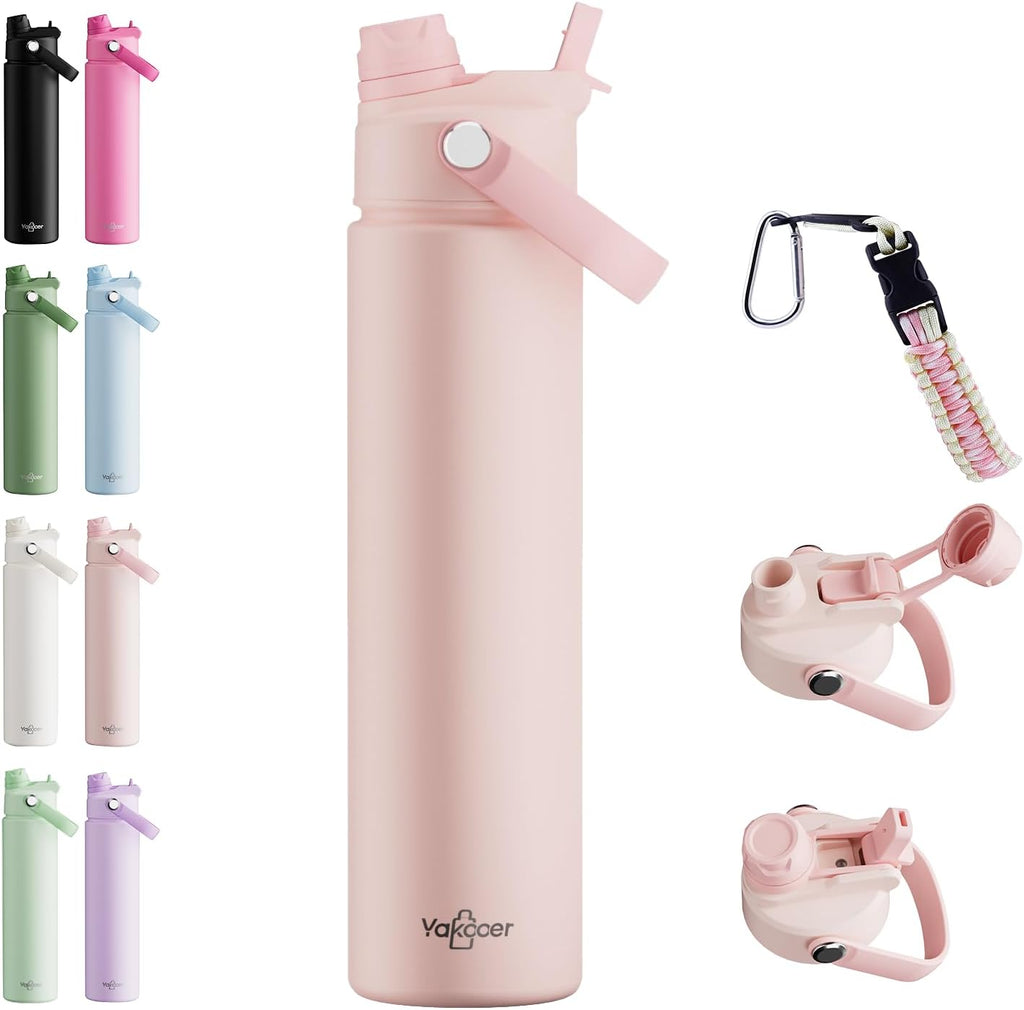 Skiennix 26oz Insulated Water Bottle - 2-in-1 Straw & Spout Lid | Leak-Proof, Keeps Drinks Cold for 24H, Pink