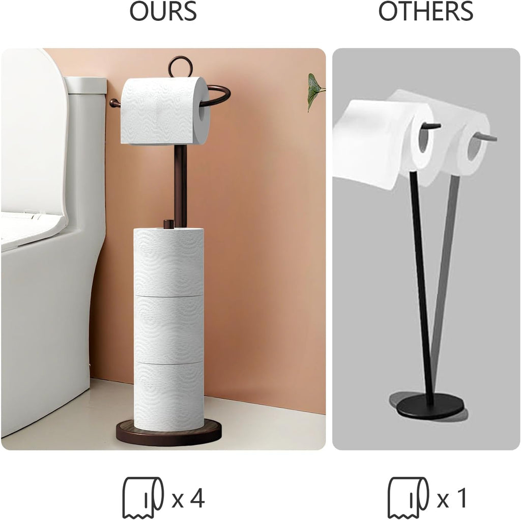 Skiennix Free Standing Toilet Paper Holder - Stylish Storage for 4 Rolls with Weighted Wood Grain Base - Black & Bronze