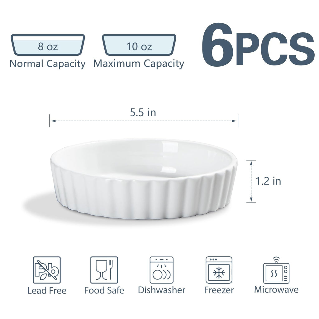 ONEMORE Ramekins, Creme Brulee Ramekins 8 oz Oven Safe White Porcelain Small Baking Dishes for Individual Serving, Fluted Shallow Soufflé Dishes Quiche Dish Mini Tart Pans Sauce Ramekin Set of 6