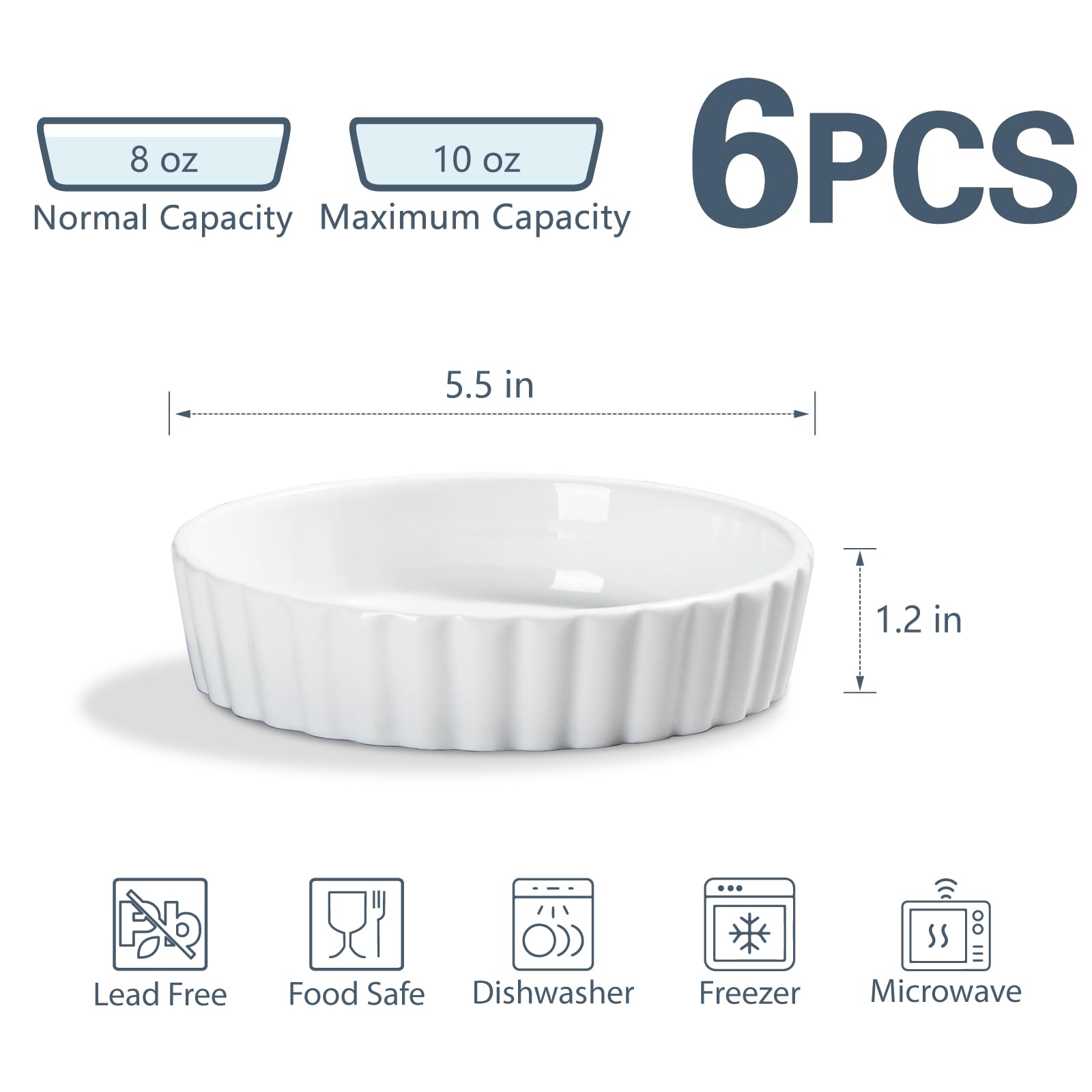 ONEMORE Ramekins, Creme Brulee Ramekins 8 oz Oven Safe White Porcelain Small Baking Dishes for Individual Serving, Fluted Shallow Soufflé Dishes Quiche Dish Mini Tart Pans Sauce Ramekin Set of 6
