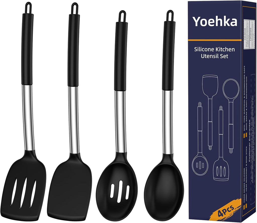 Yoehka Silicone Cooking Utensils Set - 4Pcs Heat Resistant Kitchen Tools with Stainless Steel Handles | Black