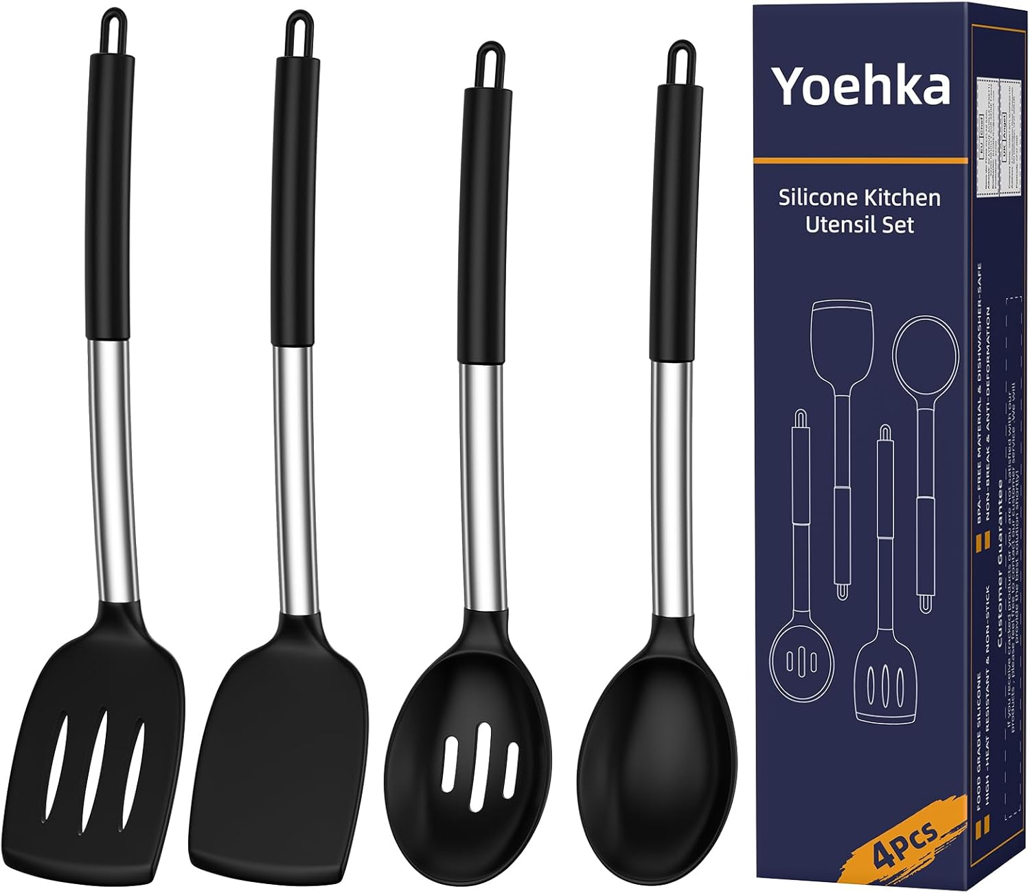Yoehka Silicone Cooking Utensils Set - 4Pcs Heat Resistant Kitchen Tools with Stainless Steel Handles | Black
