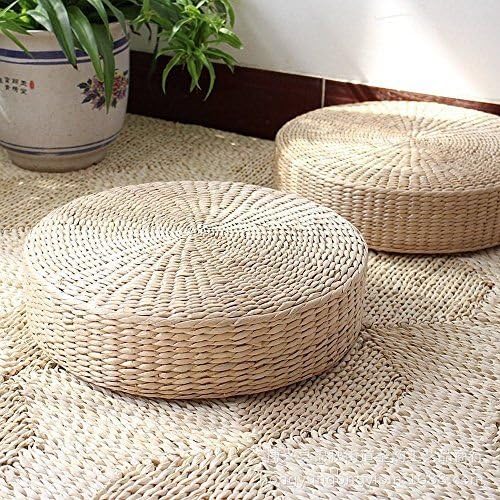 MAHAO 2 Pack Japanese Style Handcrafted Eco-Friendly Padded Knitted Straw Flat Seat Cushion,Hand Woven Tatami Floor Cushion Corn Maize Husk (2 Pack 19.7x4.3)