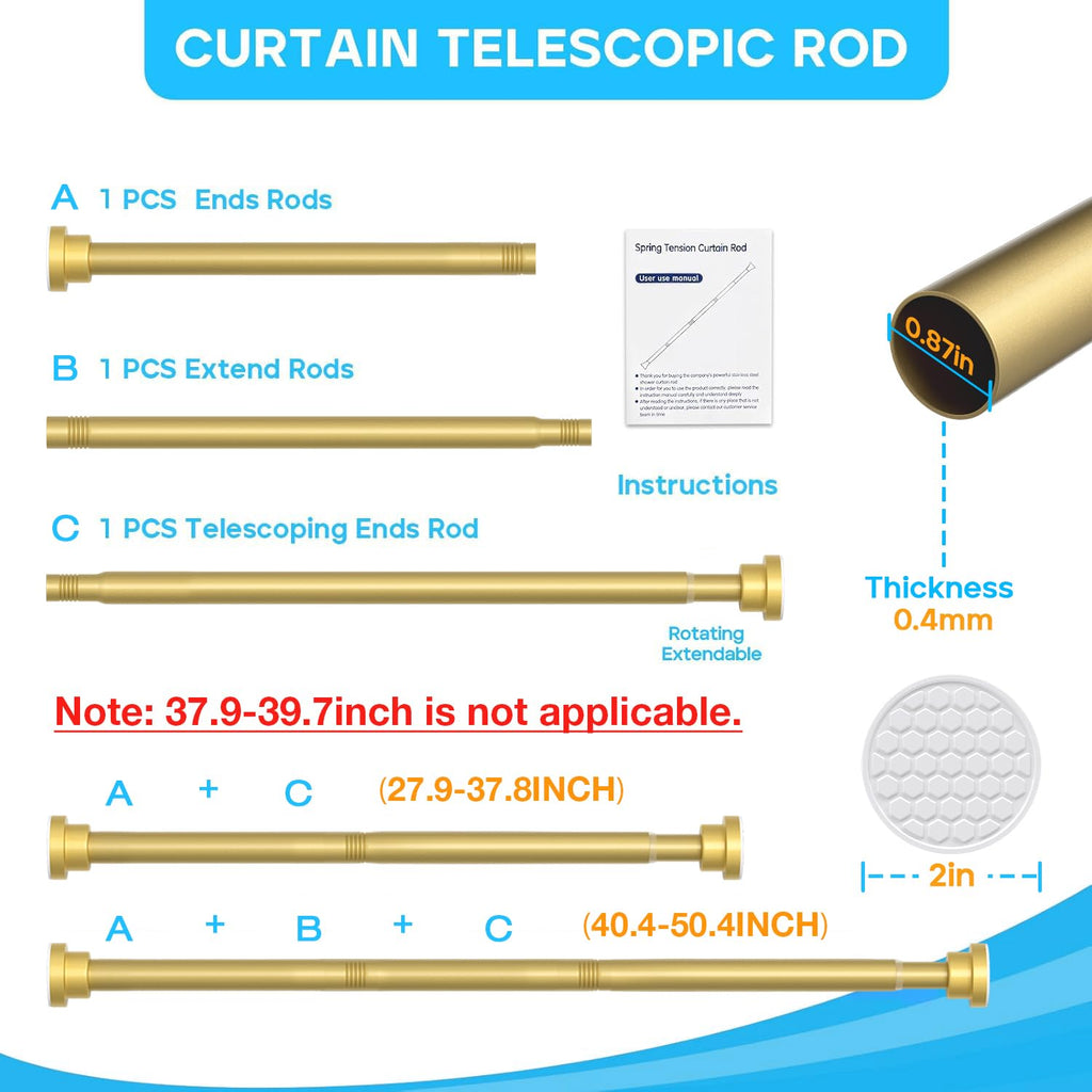 1 Pack Gold Spring Tension Curtain Rod 28-48 Inches, 7/8" inch Adjustable Curtain Rod No Drill, Anti-slip Spring Curtain Rod for Windows Bathroom Kitchen Closet Doorway