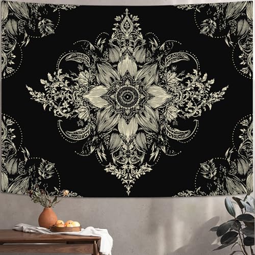 Lifeel Black and White Floral Tapestry 48" x 36" | Boho Wall Hanging