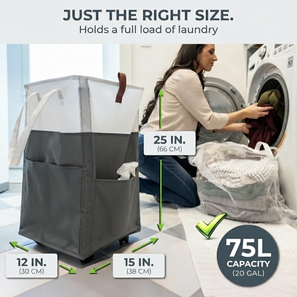 Laundry Basket with Wheels – Foldable, Space-Saving, Fabric Slim Laundry Hamper with Removable Bag and Side Pouches – Lightweight 75L Washing Basket for Clothes, Bedroom, Bathroom, Dorm