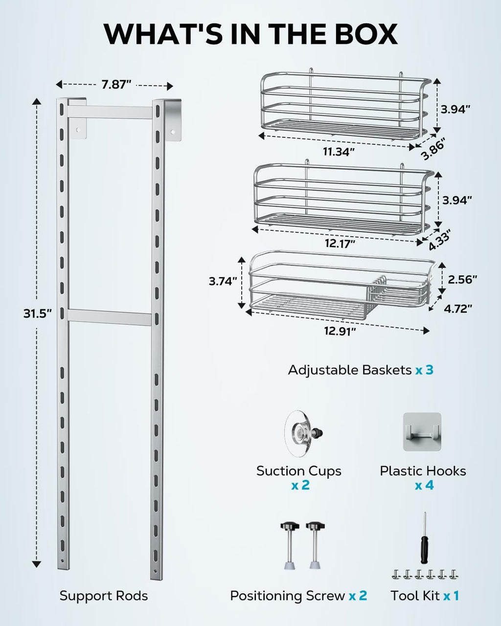 Nieifi Over The Door Shower Caddy - Adjustable Bathroom Organizer Rack | Extra Large Silver Shelf