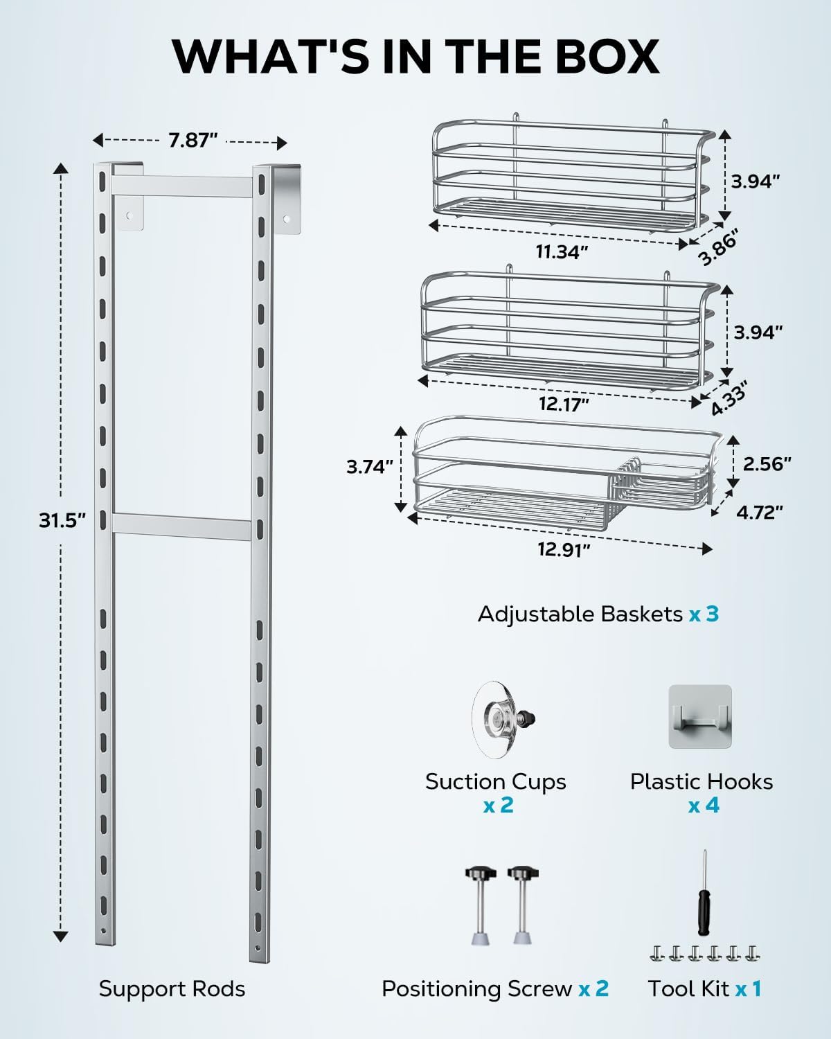 Nieifi Over The Door Shower Caddy - Adjustable Bathroom Organizer Rack | Extra Large Silver Shelf