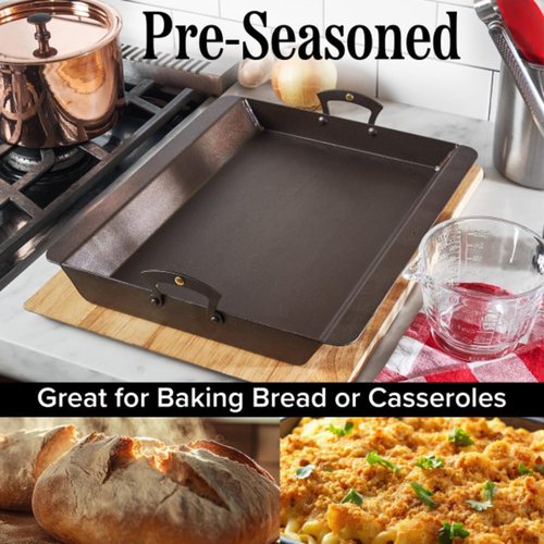 Classic Cuisine Iron Roasting Pan - Pre-Seasoned with Brass Handles & Flanged Edges | Versatile Cookware for Oven, Stovetop, Grill