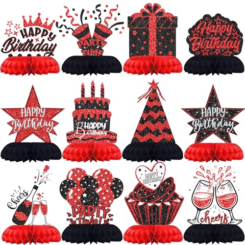 Celee Black and Red Birthday Decorations 12PCS Honeycomb Table Centerpieces - Elegant Adult Party Supplies