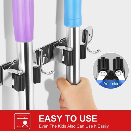 IMILLET Broom and Mop Holder - Wall Mounted Stainless Steel Organizer | Heavy Duty Self-Adhesive Hooks for Home