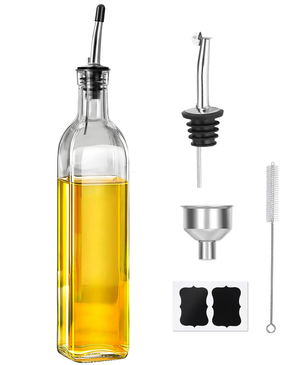 WEILAIDI Olive Oil Dispenser Bottle, 1 Pcs Glass Oil and Vinegar Dispenser Set with 2 Stainless Steel Pourers, 2 Labels,1 Brush and 1 Funnel Oil Bottles for Kitchen (17oz/500ml)