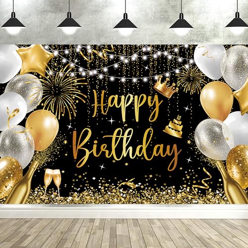 Large Black and Gold Happy Birthday Banner - 71x43 Inch Party Backdrop