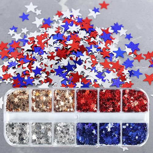 MIXFOSAHN 4th of July 3D Holographic Star Nail Art Sequins & Glitters, 12 Grids