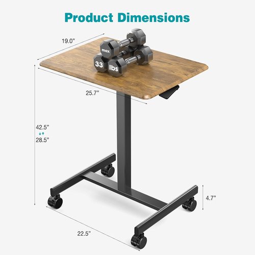 DUMOS Mobile Small Standing Desk - Portable Rolling Laptop Desk with Adjustable Height | 19-Inch Brown
