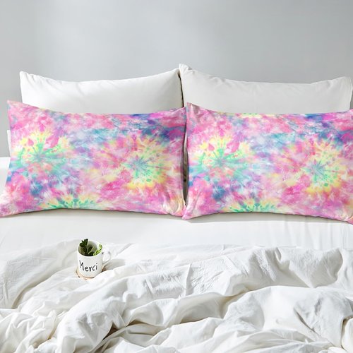 Erosebridal Kids Tie Dye Pink Bed Sheets Girls Bohemian Batik Sheet Set 3 Pcs Twin Size, Boho Psychedelic Sheets Set + Deep Pocket Fitted Sheets+ Girly Flat Sheet + Exotic Bedroom Decor 1 Pillow Sham