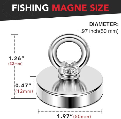 DIYMAG Neodymium Fishing Magnet - 350 Lbs Pulling Force with Countersunk Hole | 1.97 Inch Diameter for River Retrieval