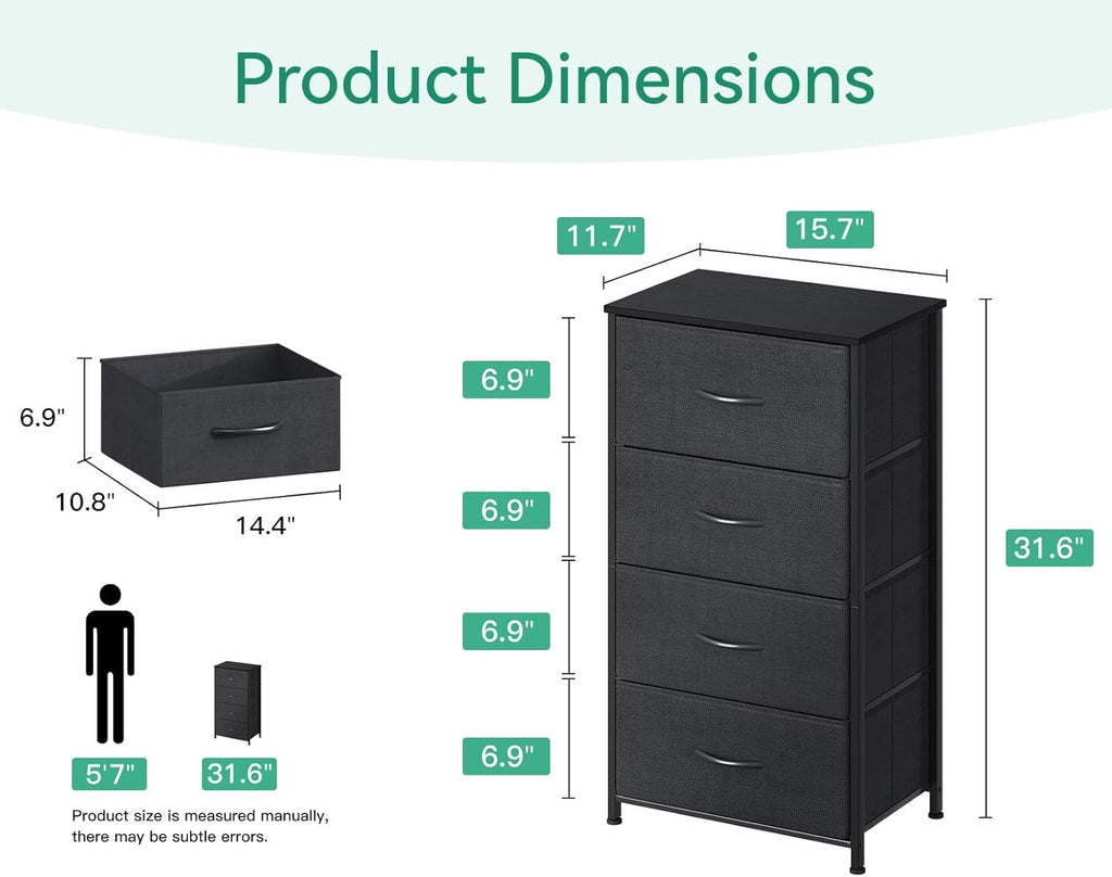 AODK Dresser - 4 Drawer Fabric Chest with Sturdy Steel Frame - Compact Black Storage Solution