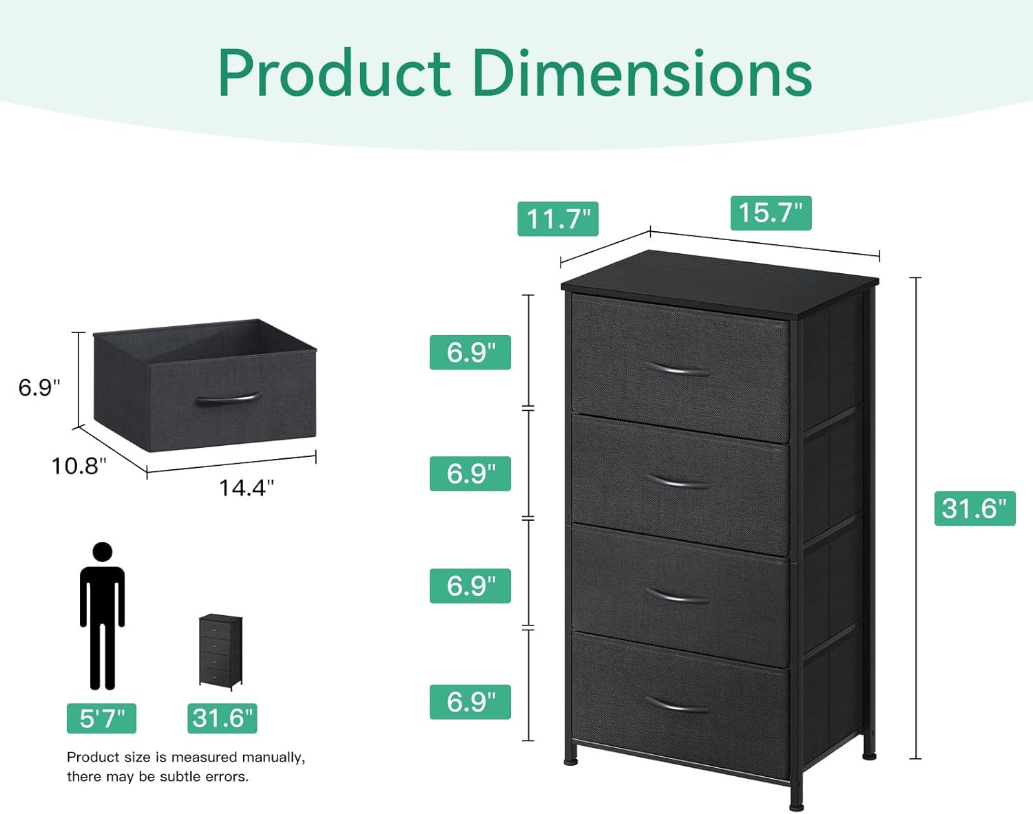 AODK Dresser - 4 Drawer Fabric Chest with Sturdy Steel Frame - Compact Black Storage Solution