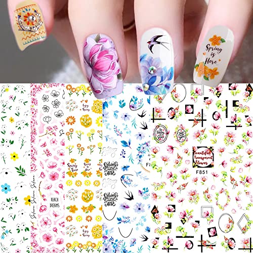 Spring Floral Nail Stickers 3D Self-Adhesive Blossom Daisy Decals 8 Sheets