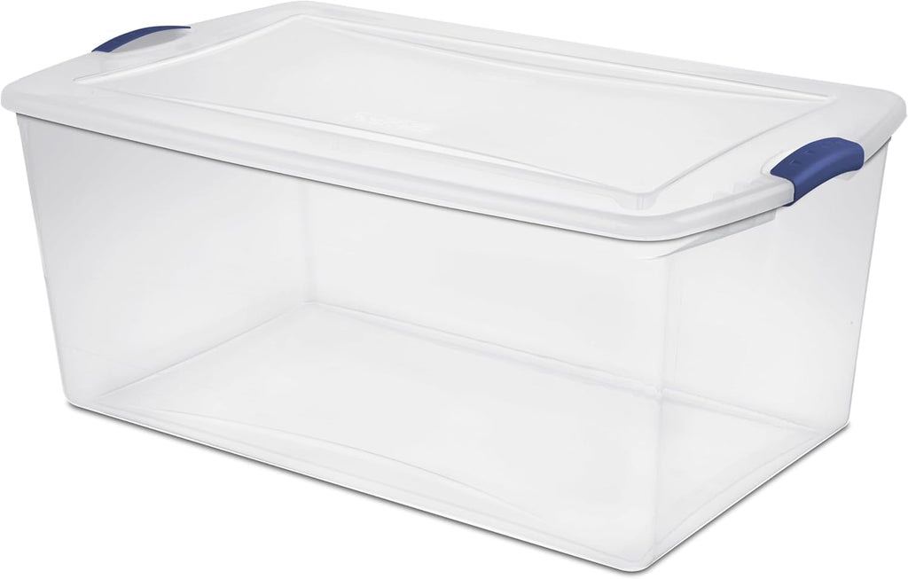 Skiennix 105 Qt. Plastic Storage Bin - Durable, Stackable Clear Tote with Blue Buckles | Ideal for Organization