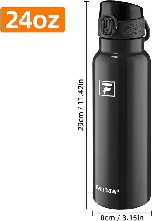 Fanhaw Daylite Series 24 oz Insulated Stainless Steel Water Bottle - Leakproof Double-Wall Design | Glossy Black